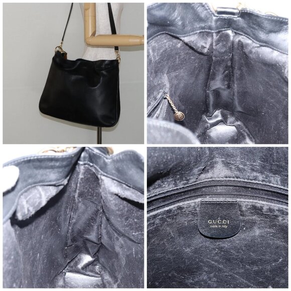 GUCCI Bamboo Hand Bag Leather 2way Black Gold - Picture 16 of 16